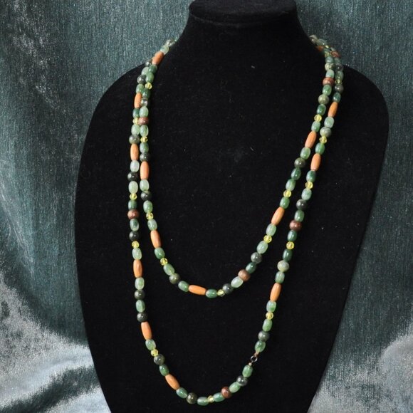 Hand Beaded Long Stand Necklace Wooden & Green Beads Mixed Medium Boho 30" - Picture 2 of 11